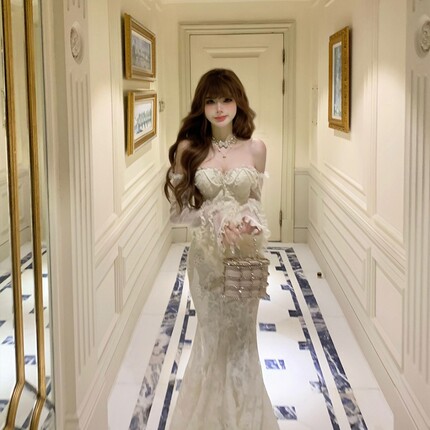 SISI JIANG"珍珠泪光"法式复古修身显瘦蕾丝花纹精致荷叶边套装