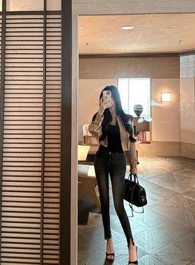 woppei 复古街头破洞做旧毛边设计深灰色高腰拉链牛仔裤秋季新款