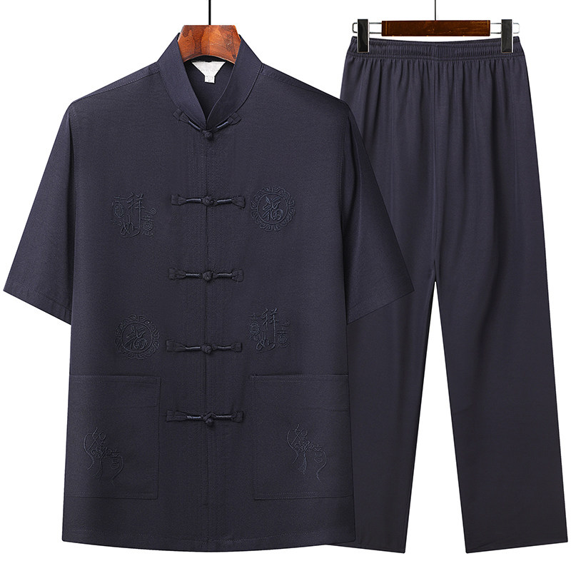 T202P42中老年唐装套装风爸爸装太极服盘扣汉服爷爷夏季短袖图片