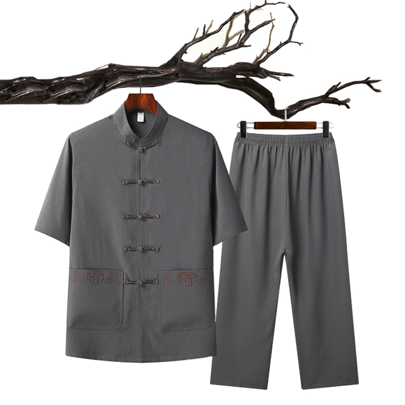 T215风爸爸装盘扣太极服汉服中老年夏季短袖唐装禅意套装，男装民族服装，星座1108-2