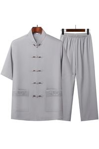 T203P42中老年短袖唐装两件套爸爸装太极服风盘扣汉服居士服图片
