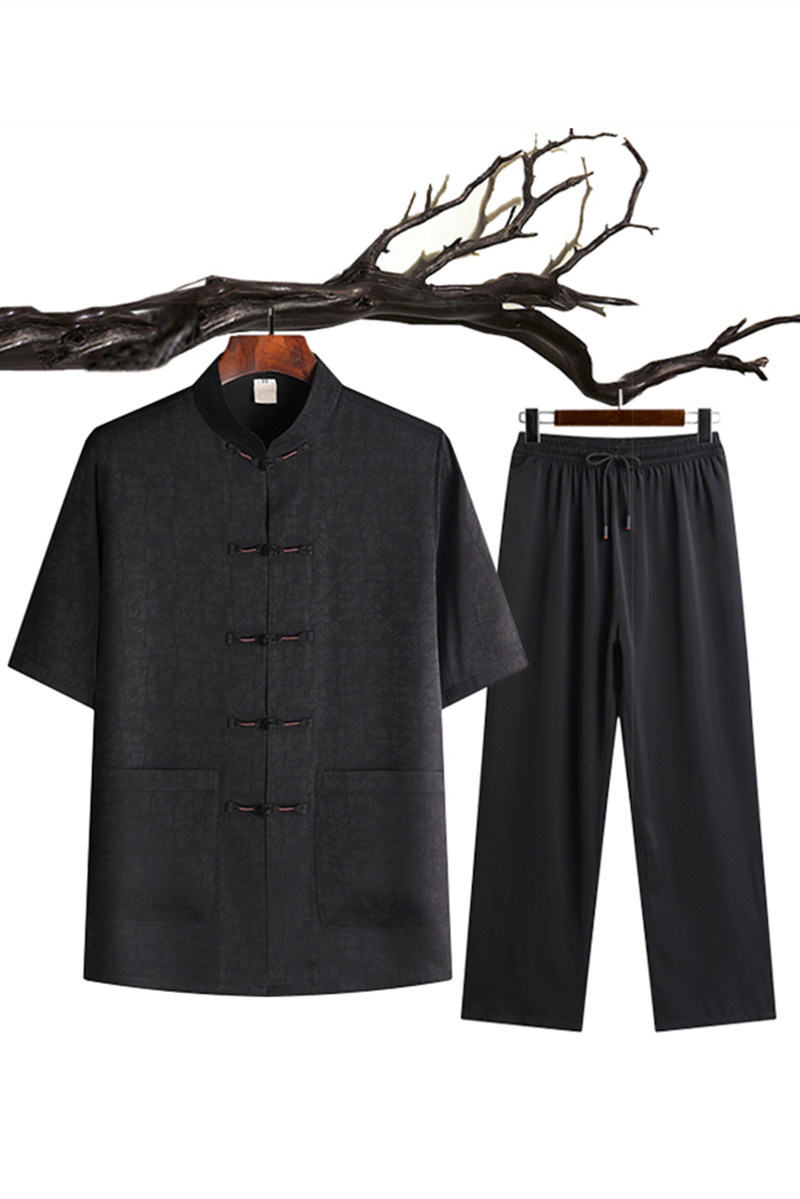 夏季短袖居士服太极服爸爸装中老年唐装男风盘扣汉服T213P65,男装民族服装,星座1108-2
