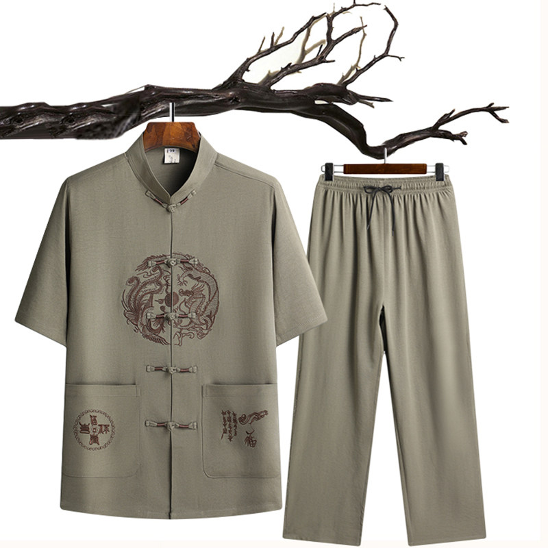 特批风盘扣汉服夏季短袖唐装居士服爸爸装太极服T211,男装民族服装,星座1108-2