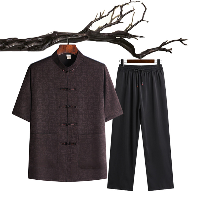 夏季短袖居士服太极服爸爸装中老年唐装男风盘扣汉服T213P65,男装民族服装,星座1108-2
