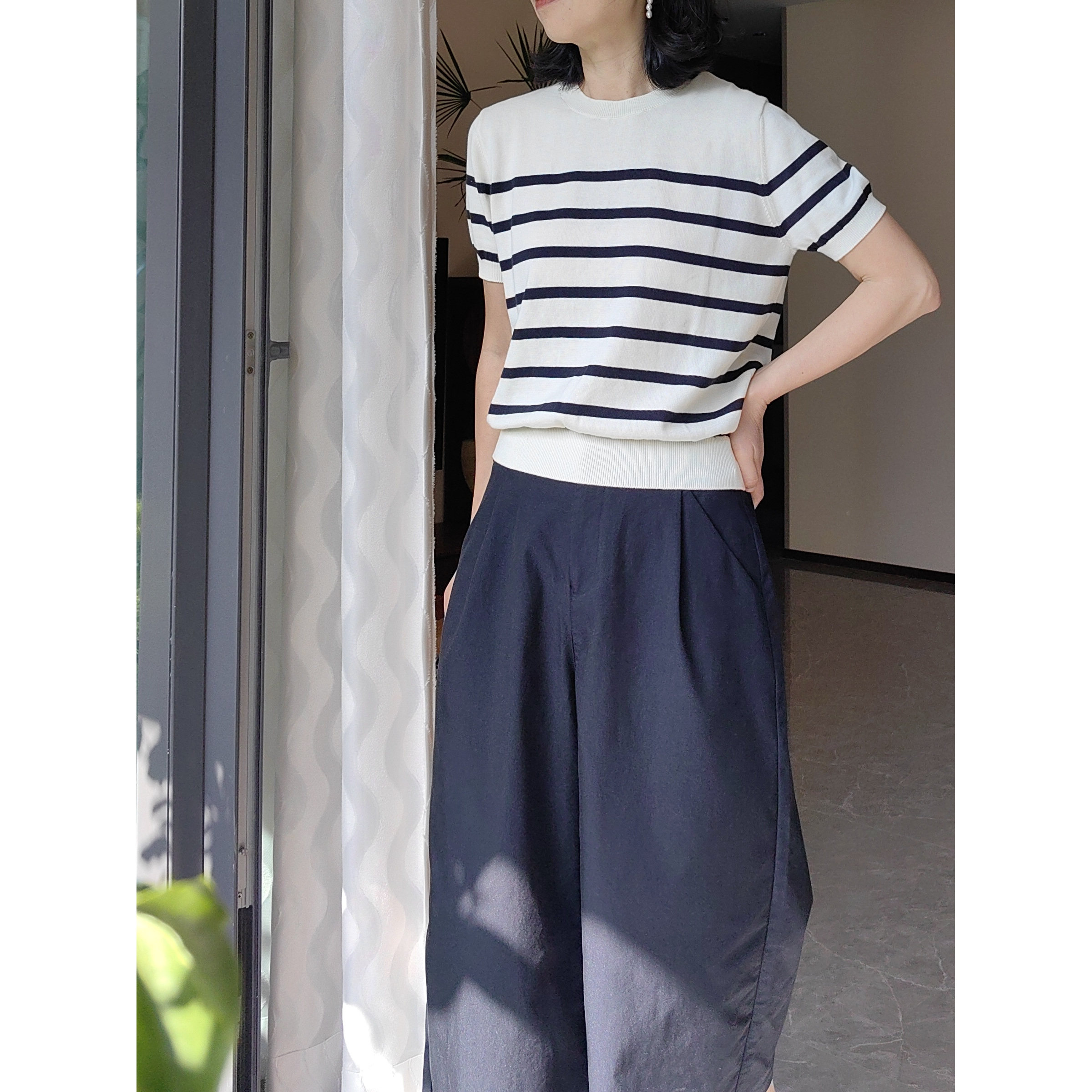 绿袖子经典法式条纹针织短袖女全棉基础款针织衫打底衫春夏上衣