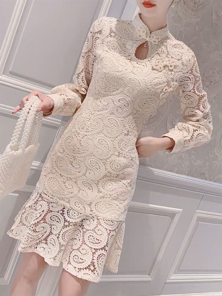 蕾丝钩花镂空包臀显瘦荷叶边气质旗袍连衣裙铭美慧秋冬新款女
