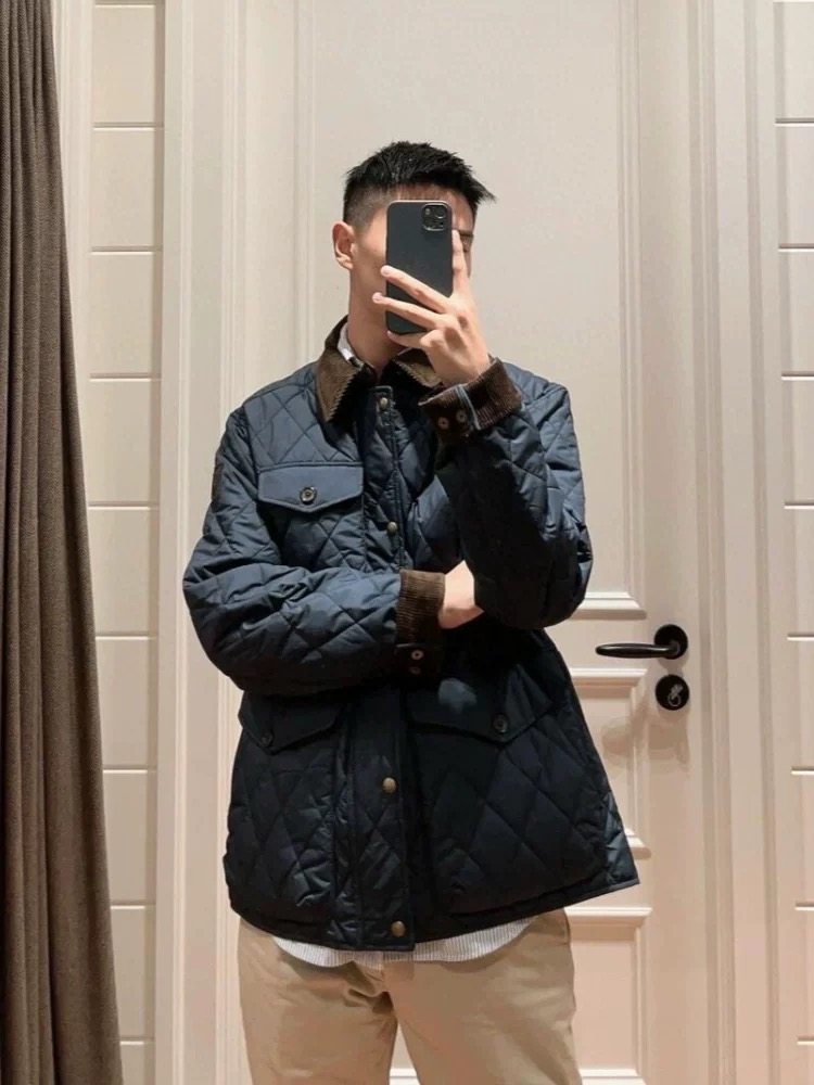 美式秋冬季男士灯芯绒翻棉衣小标休闲保暖菱格子棉服外套上衣