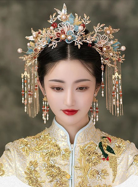 新娘头饰秀禾服配饰蓝色中式复古大气结婚出嫁凤冠霞造型减龄拍摄