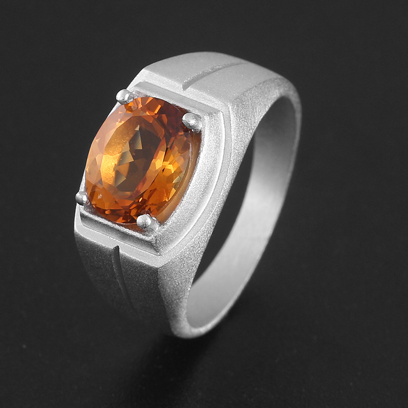 925纯银镀铑金巴西天然黄水晶宝石喷砂戒指男小众饰品父亲节礼物