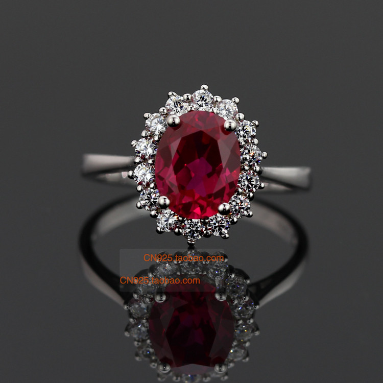 贵重红宝石戴妃款刚玉彩宝红碧玺色戒指指环女钻戒925纯银镀白金