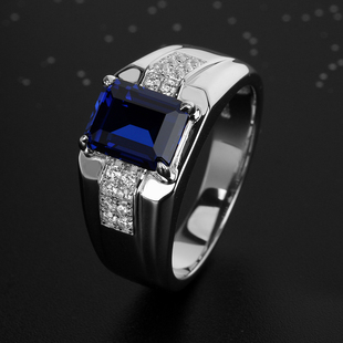 轻奢蓝宝石男士 指环钻戒刻字 戒指925纯银镀金镶嵌宝石18K白金时尚
