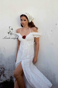 白色吊带裙中长款 forloveandlemons 连衣裙Marlowe挂脖刺绣开叉裙