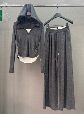 欧货灰系格调~运动休闲套装女假两件拼接连帽上衣阔腿裤2025新款