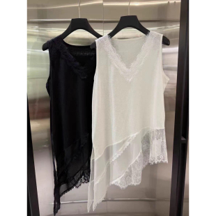 2026殴货不规则斜下摆开叉V领蕾丝拼接白色背心女内搭叠穿中长款