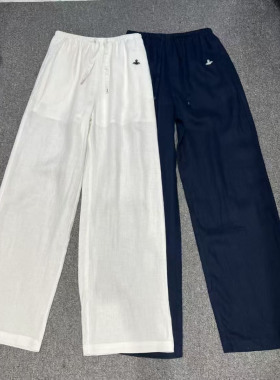 南油高版本2025夏季新款服装亚麻阔腿裤设计感小众洋气白色长裤子