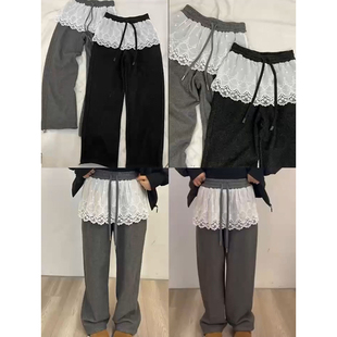 女松紧腰束脚裤 韩系2025早春款 宽松百搭蕾丝花边加绒休闲甜美卫裤
