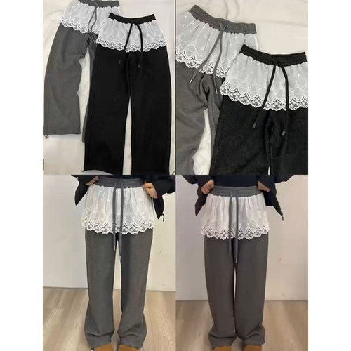 韩系2025早春款宽松百搭蕾丝花边加绒休闲甜美卫裤女松紧腰束脚裤