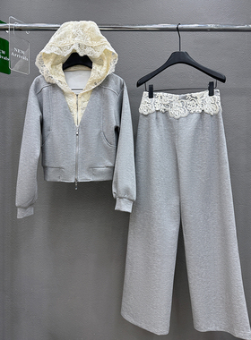 欧洲站灰色休闲时尚套装女春秋冬季2025新款运动蕾丝连帽两件套潮