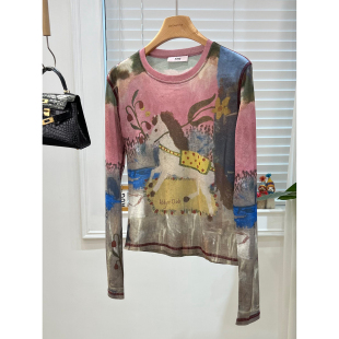 欧洲站春新款 欧货拼色小马印花减龄百搭晕染网纱T恤打底衫