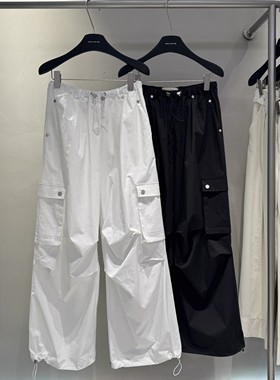 欧洲站2025夏白色窄版直筒阔腿美式高街松紧腰高级薄料休闲工装裤