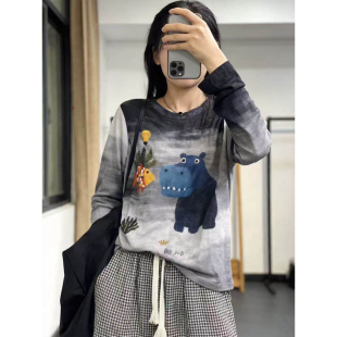 T恤女休闲百搭撞色圆领上衣 卡通印花长袖 深圳南油2026春季 新品