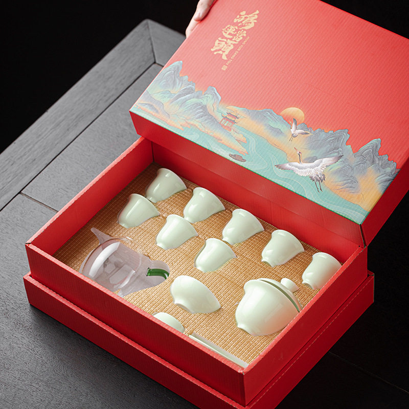 商务伴手礼品功夫茶具套装批发印logo周年庆年会开业盖碗陶瓷茶具
