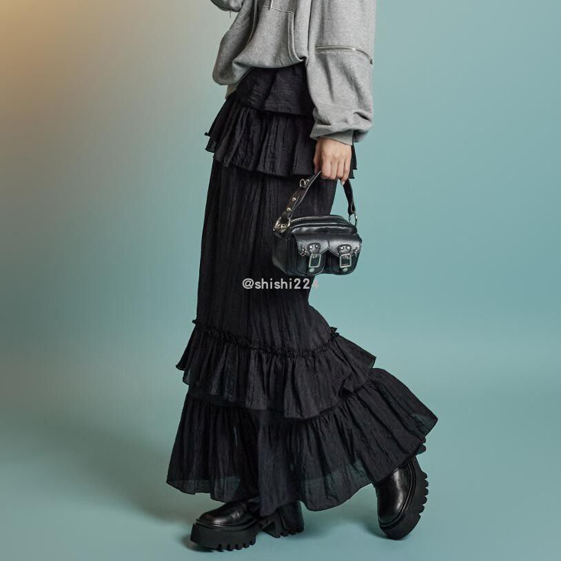 韩国直邮DINT正品代购浪漫百搭松紧腰层次荷叶边长裙半身裙