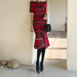 直邮代购韩国正品圣诞节连衣裙圆领红粗花呢格子开叉鱼尾裙礼服裙