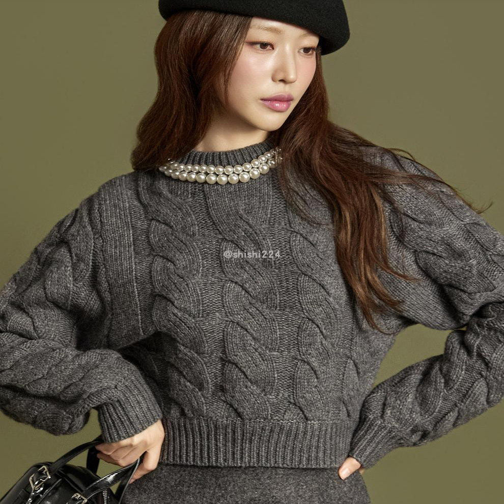 韩国直邮DINT正品代购串珠珠饰圆领长袖麻花修身短款针织衫