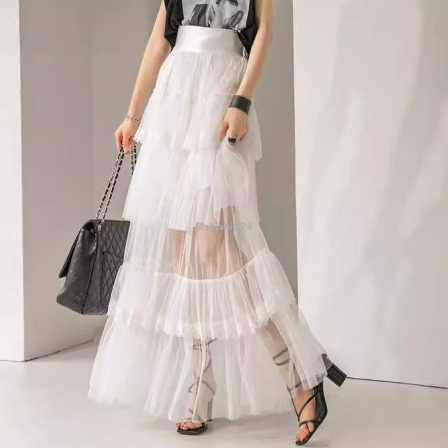 韩国直邮DINT正品代购松紧腰透明层次荷叶边半身裙