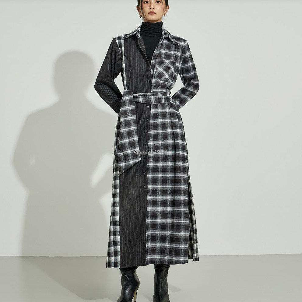 韩国直邮DINT正品代购口袋长袖腰带格子条纹配色衬衫连衣裙