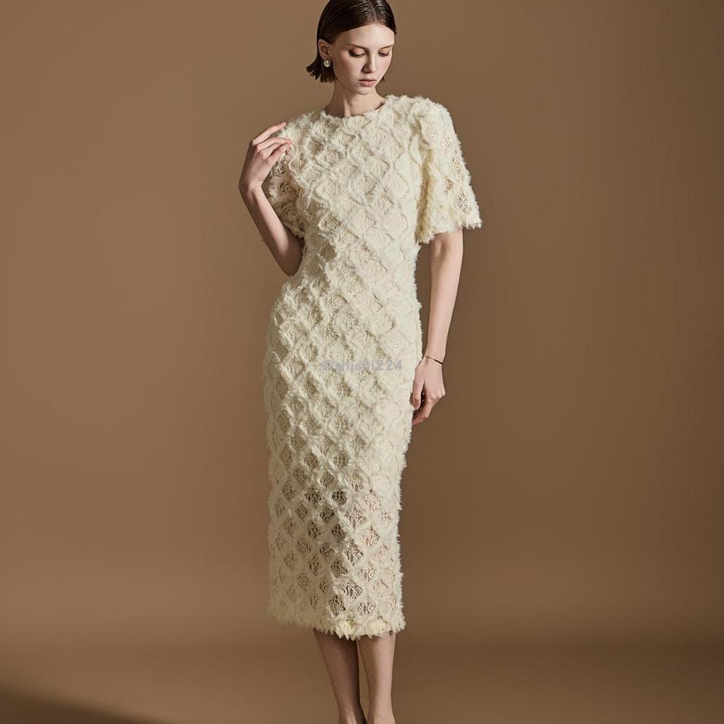 韩国直邮DINT正品代购透视毛边蕾丝点缀肩垫短袖修身连衣裙