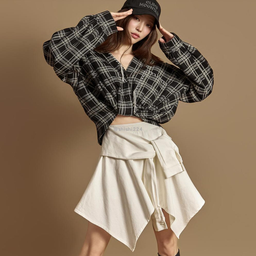 韩国直邮DINT正品代购下摆扭曲肩褶泡泡长袖V领短款格子衬衫