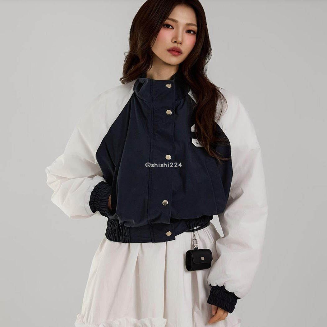 韩国直邮DINT正品代购松紧摆侧袋拉链按扣配色短款夹克外套