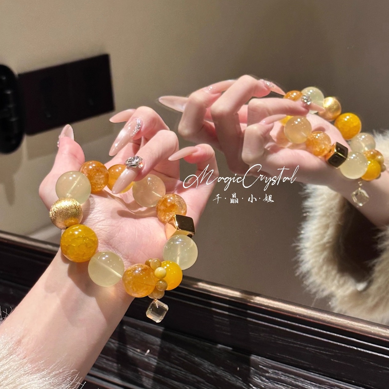 【金秋】原创设计巨无霸19mm天然黄胶花黄水晶黄萤石手串招财女款