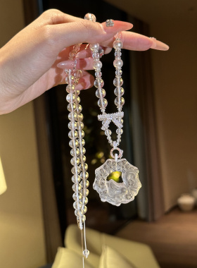 花环凤九|天然白水晶镂空狐牌吊坠项链毛衣链蝴蝶结白水晶净化