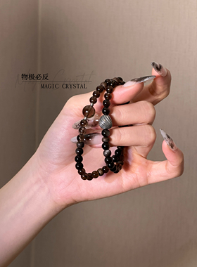 乌木沉香|新中式天然银耀石茶水晶沉香手串双圈S925银配饰手链