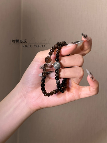 乌木沉香|新中式天然银耀石茶水晶沉香手串双圈S925银配饰手链