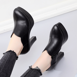 防水台旗袍走秀职业鞋 女粗跟尖头小皮鞋 子 工作高跟鞋 2025深口单鞋