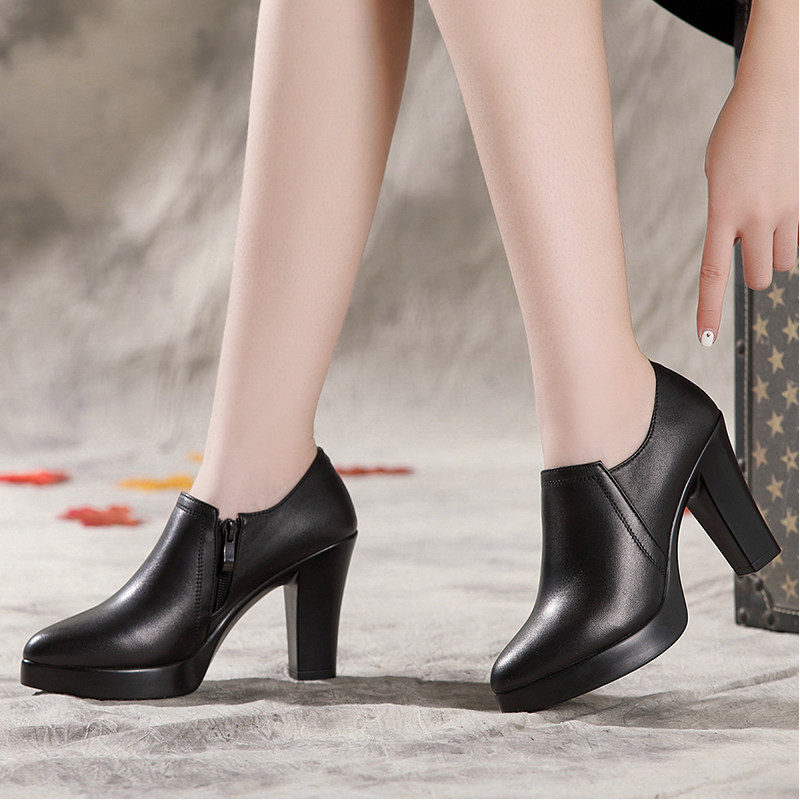 春秋深口单鞋牛皮尖头小码工作鞋女真皮粗跟防水台软底皮鞋走秀鞋,女鞋,深口单鞋,淘宝优惠券,粉丝福利购,淘宝优惠卷