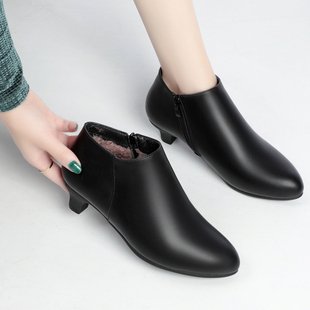 秋冬季深口单鞋女士带拉链皮鞋黑色矮跟高跟鞋方跟粗跟加绒工作鞋