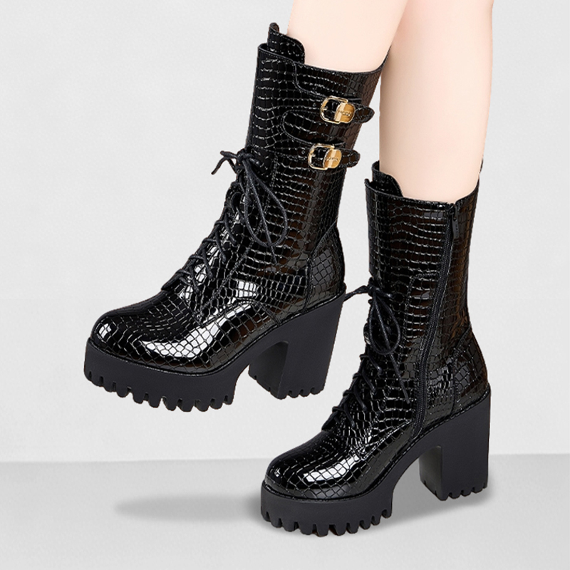 防水台粗跟厚底骑士靴高跟舒适百搭走秀皮靴英伦风百搭长筒马丁靴