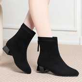 女粗跟绒面方头软皮软底舒适百搭妈妈靴子2025年春秋新款 真皮短靴