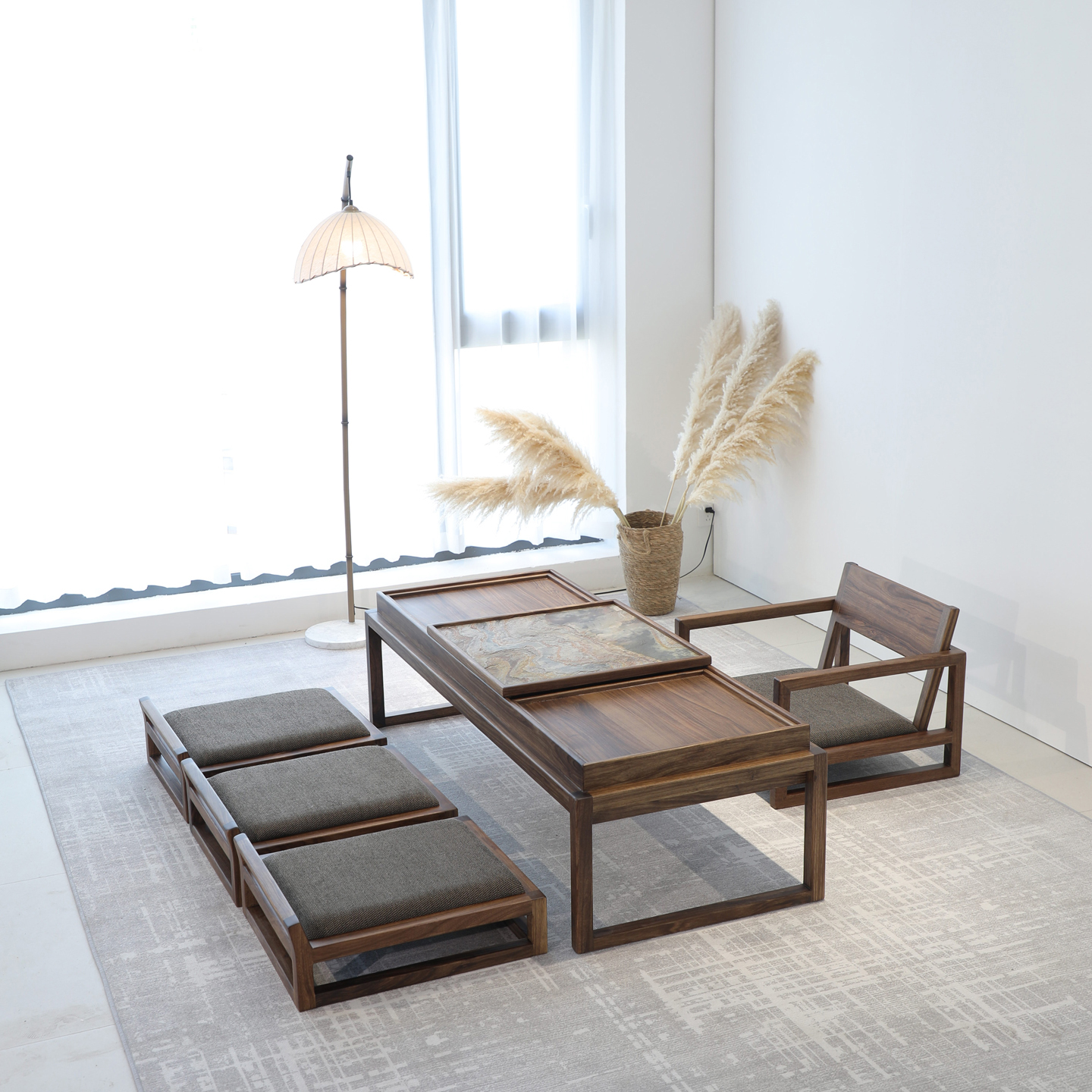 新中式乌金木榻榻米茶几阳台禅意茶台日式实木地台矮茶桌椅组合