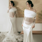 连衣裙妈咪艺术照写真服装 影楼新款 孕妇拍照高级感白色裙飘逸时尚