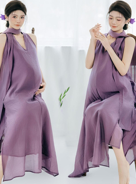 影楼新款孕妇法式高级感紫色飘逸无袖连衣裙甜美风写真照摄影服装