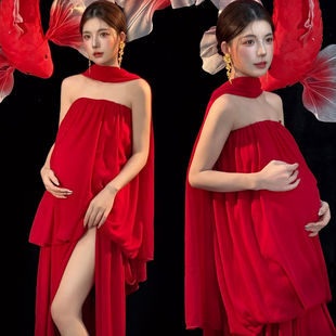 影楼马年新年红色喜庆锦鲤主题慵懒风高级感孕妈咪大肚艺术摄影服