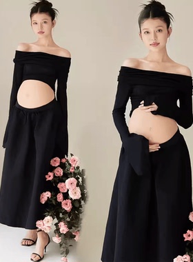 新款孕妈摄影服装室内简约风四季孕妇照服装影楼黑色高级感连衣裙