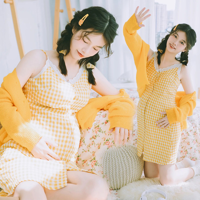 影楼拍照服装多巴胺黄色格纹吊带裙少女甜心风孕妈咪艺术摄影服饰