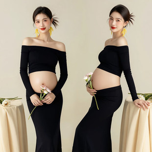 影楼孕妇拍照服装黑色露肩长袖高级感时尚显瘦大肚艺术照摄影服饰